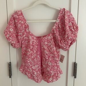 Free People - Floral Pink Puff Sleeve Top